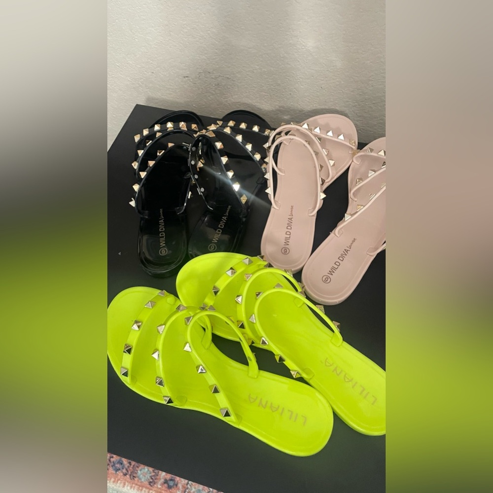 Wild Diva Black and Pink Studded Sandals